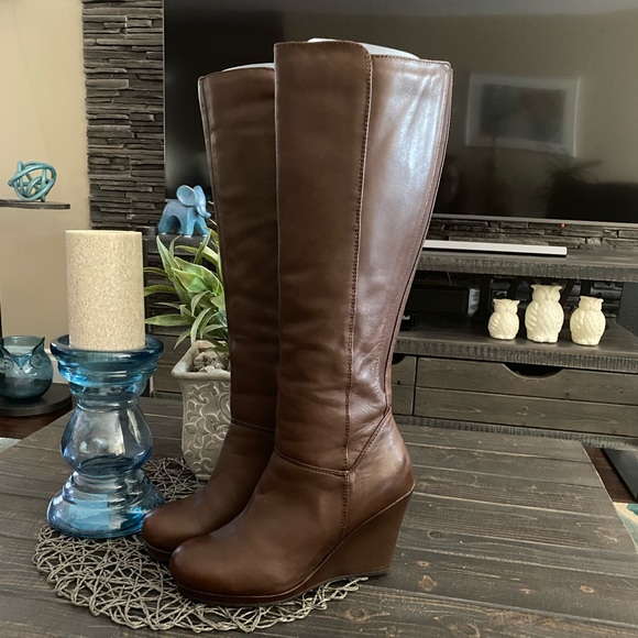 Unknown Shoes - TALL BROWN VEGAN LEATHER WEDGE BOOTS